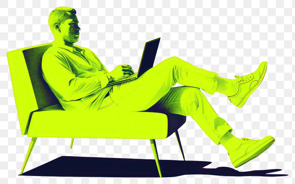 PNG  Man using a laptop on sofa furniture computer chair.