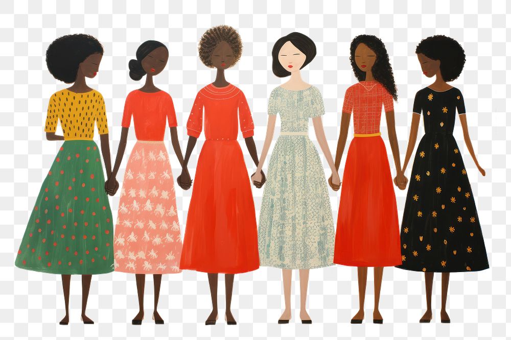 PNG Four women hold hands in a drawing of women celebrating fashion pattern dress. AI generated Image by rawpixel.