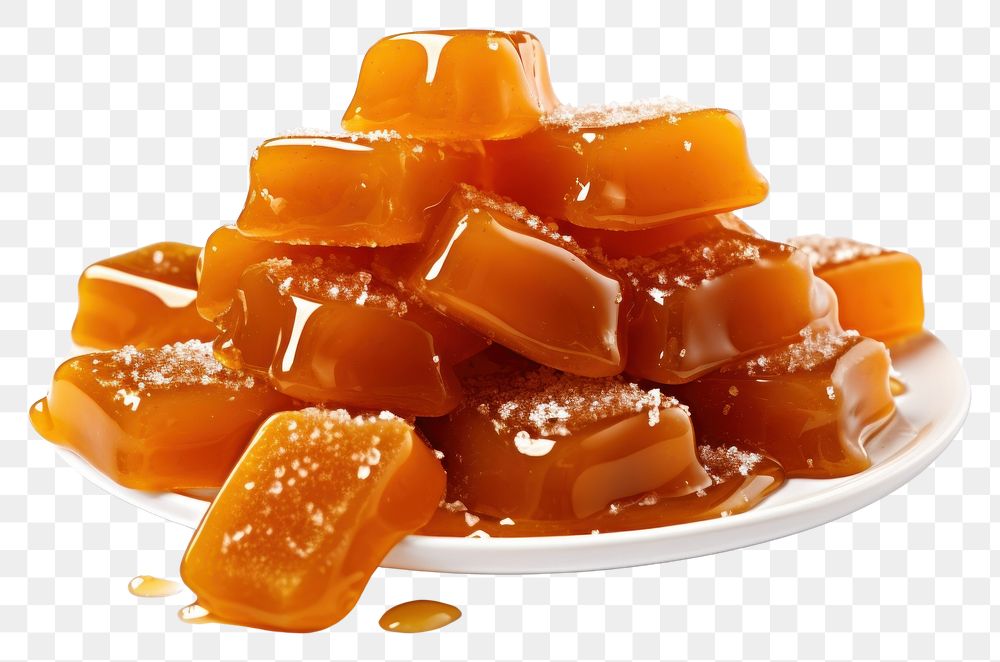 PNG Melted caramel candies with sea salt on top dessert food white background.