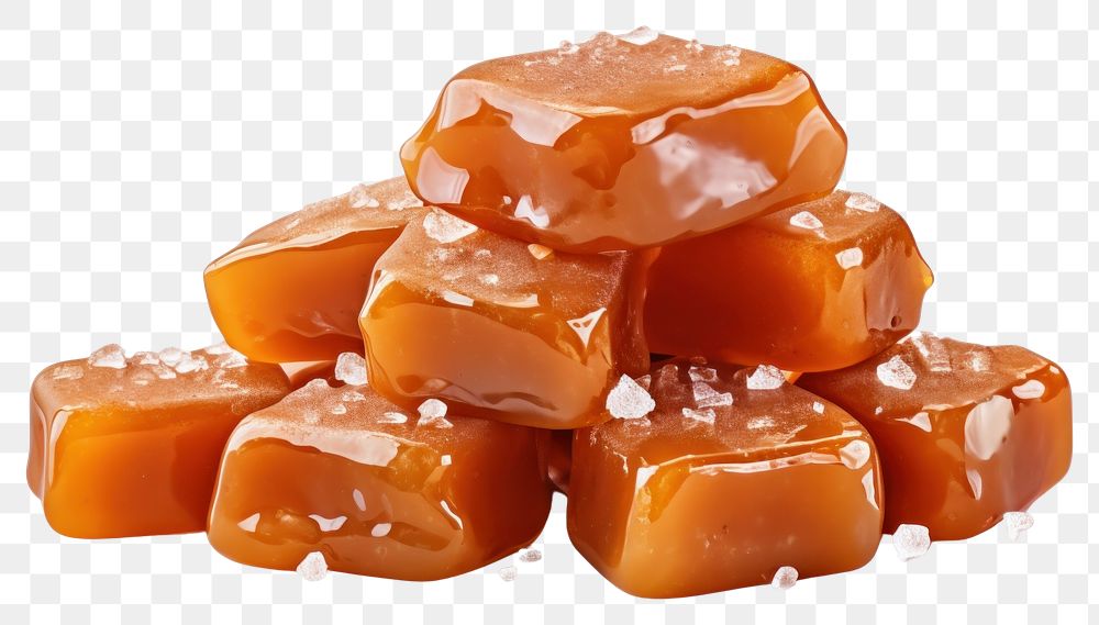 PNG Melted caramel candies with sea salt on top dessert food white background.