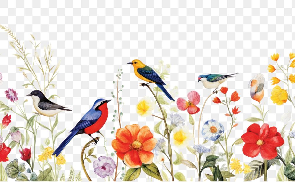 PNG Birds and flowers painting nature animal.