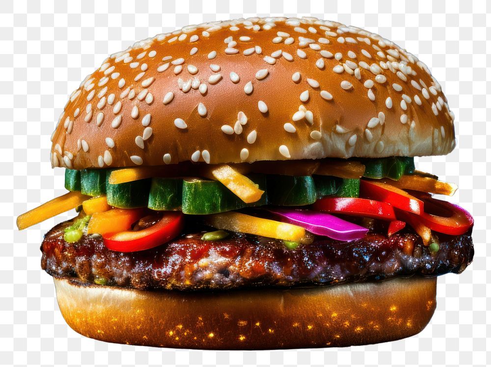 PNG  Hamburger food black background illuminated. AI generated Image by rawpixel.