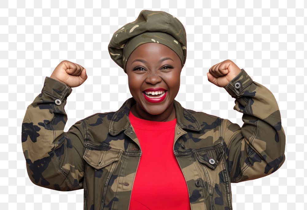 PNG Cool chubby young black woman with fashionable clothing style full body on colored background military individuality…