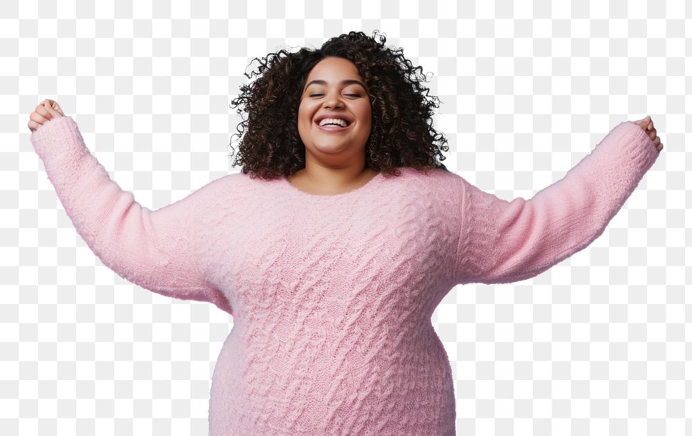 PNG Cool chubby young black woman with fashionable clothing style full body on colored background laughing sweater fun.