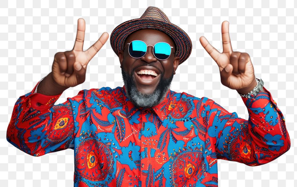 PNG Cool senior black man with fashionable clothing style portrait on colored background sunglasses laughing smile.