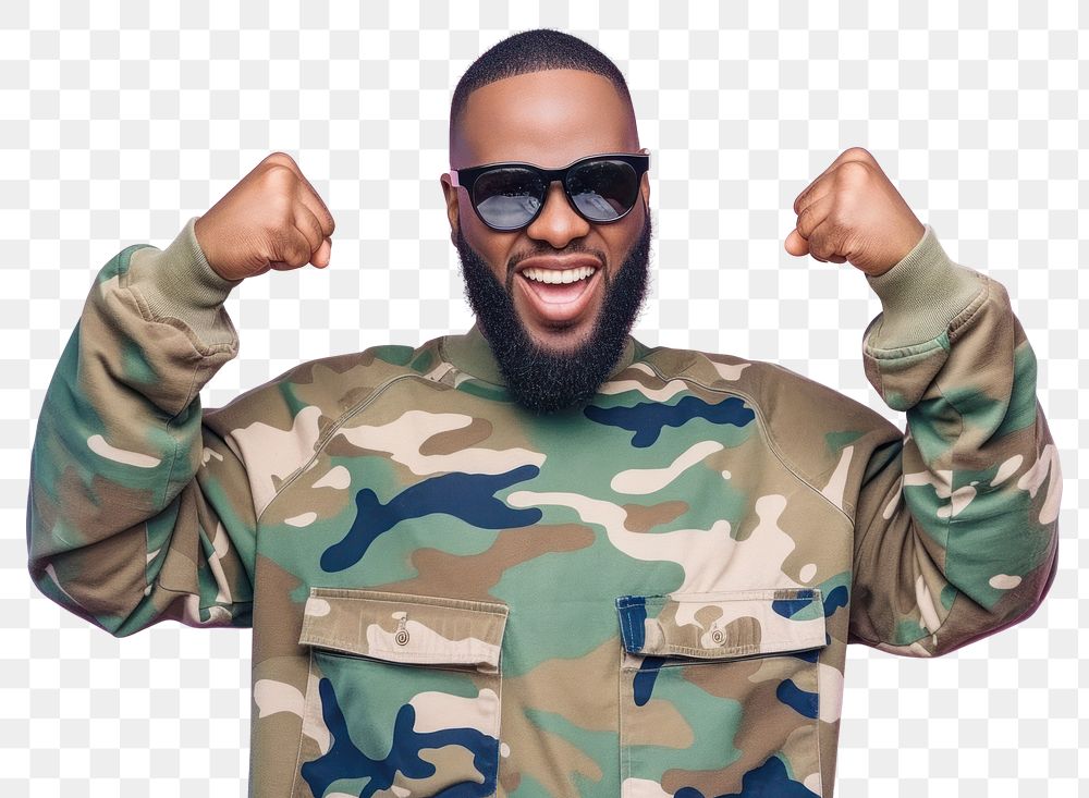 PNG Cool young black man with fashionable clothing style full body on colored background military adult fun.