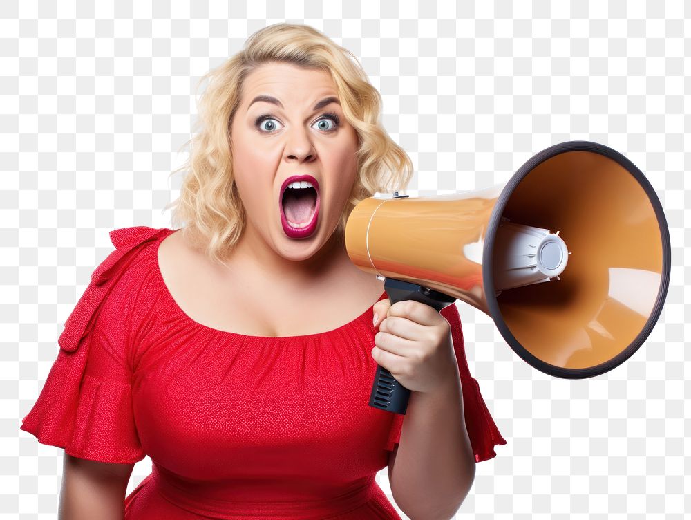 PNG A chubby overweight young woman holding a megaphone screaming announcement shouting white background technology. AI…