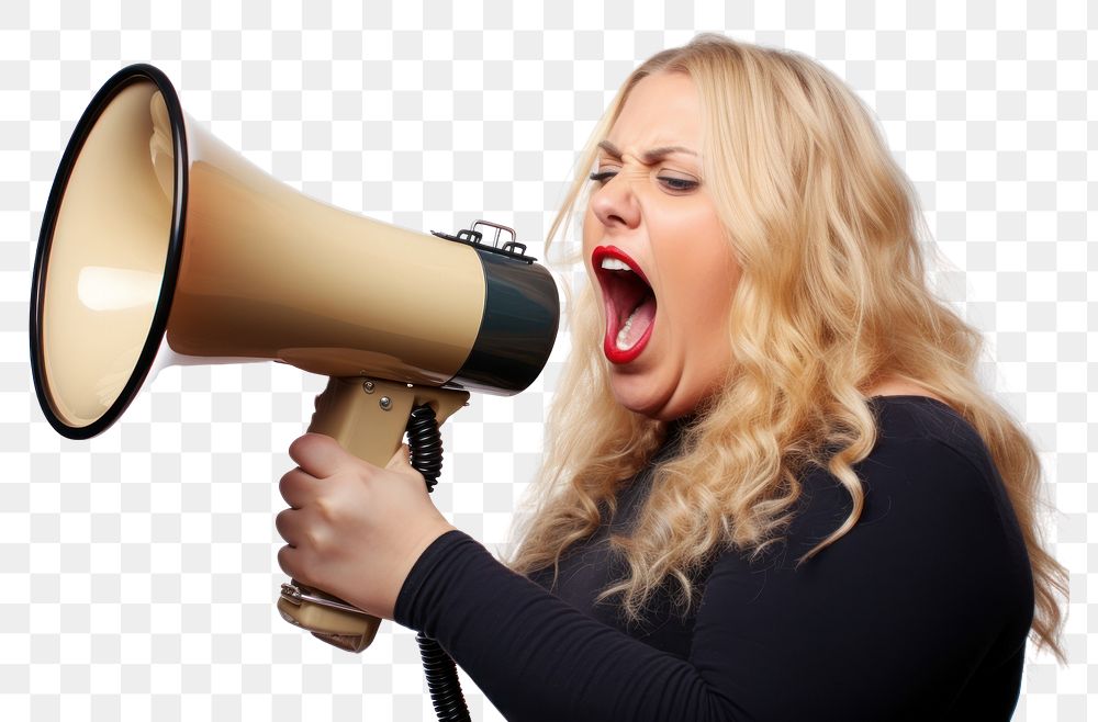 PNG A chubby overweight young woman holding a megaphone screaming announcement shouting adult white background. AI generated…
