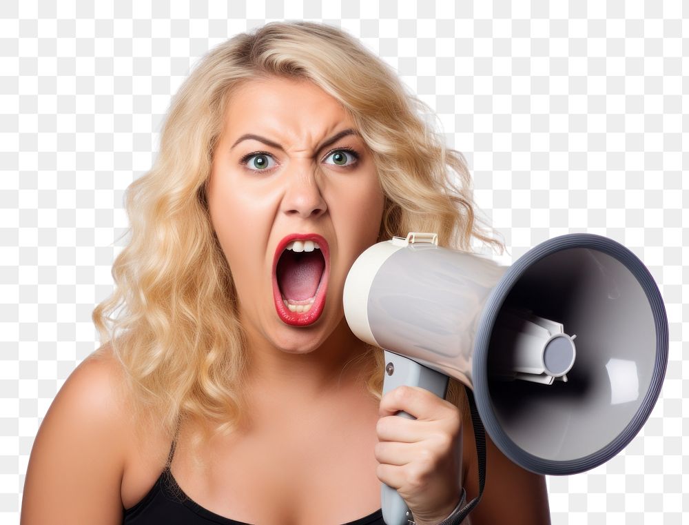 PNG A chubby overweight young woman holding a megaphone screaming announcement shouting white background aggression. AI…
