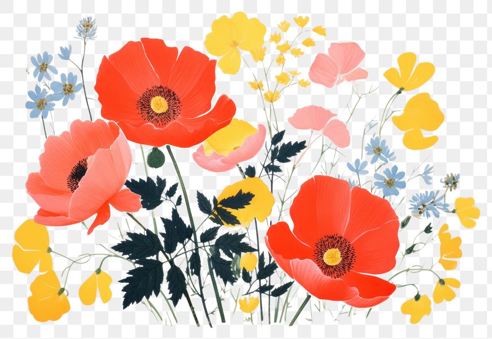 PNG Colorful vintage flowers art pattern poppy. AI generated Image by rawpixel.