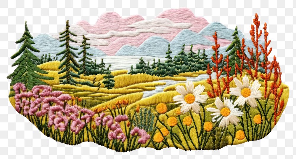 PNG  Meadow landscape embroidery pattern art.
