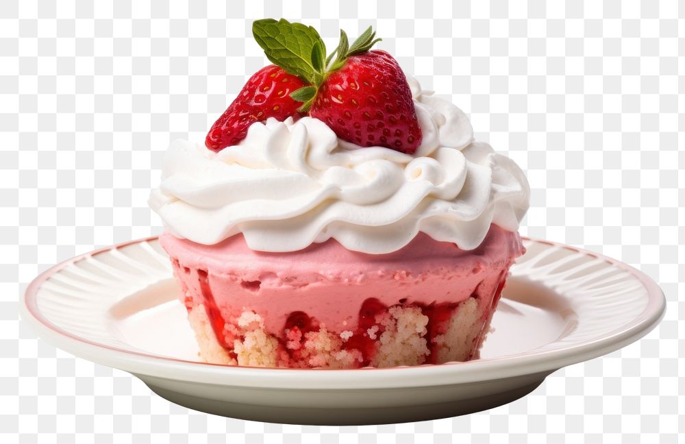 PNG  Strawberry cupcake on dish dessert cream fruit.