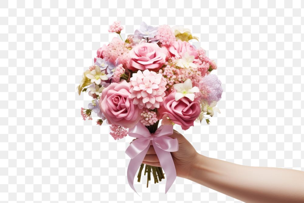 PNG  Hand holding bouquet wedding flower petal.