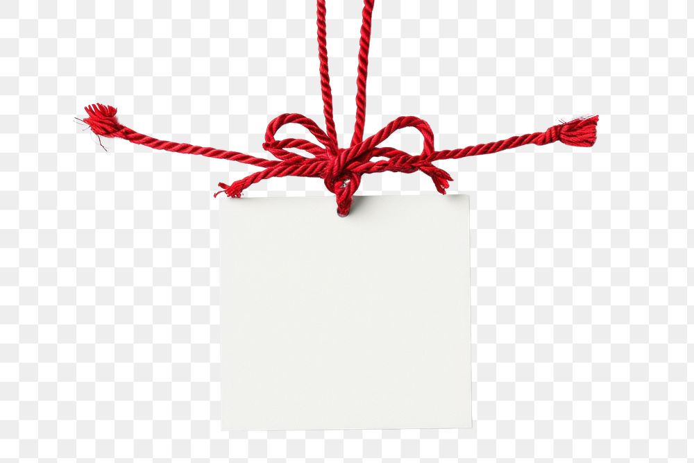 PNG Blank gift card hanging with minimal red rope and tie a knot like bow on card white background celebration decoration.