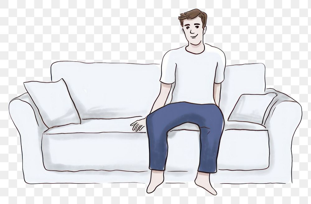 PNG Hand-drawn illustration man sitting on sofa furniture drawing sketch.