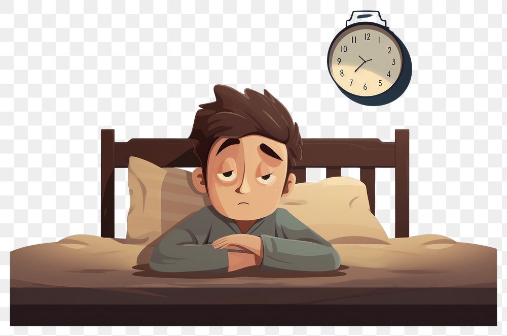 PNG  Sad man on bed with insomnia cartoon furniture hopelessness