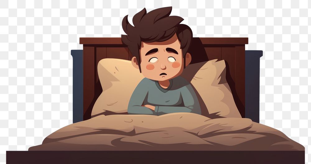 PNG  Sad man on bed with insomnia cartoon comfortable exhaustion. AI generated Image by rawpixel.