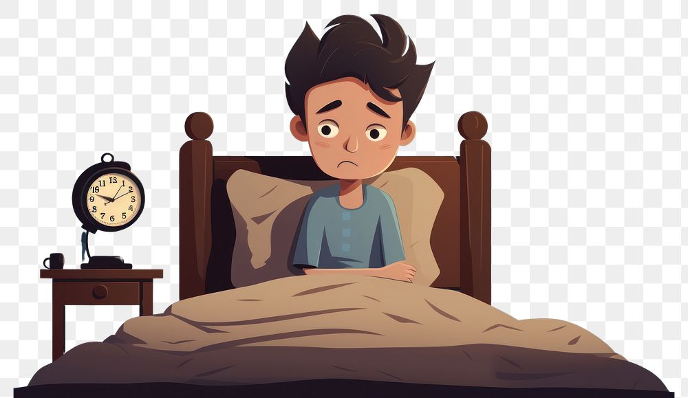 PNG  Sad man on bed with insomnia cartoon furniture frustration. AI generated Image by rawpixel.