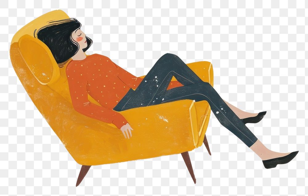 PNG  A woman lying on a armchair furniture footwear cartoon. AI generated Image by rawpixel.