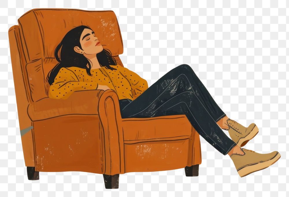 PNG  A woman lying on a armchair furniture cartoon adult. AI generated Image by rawpixel.