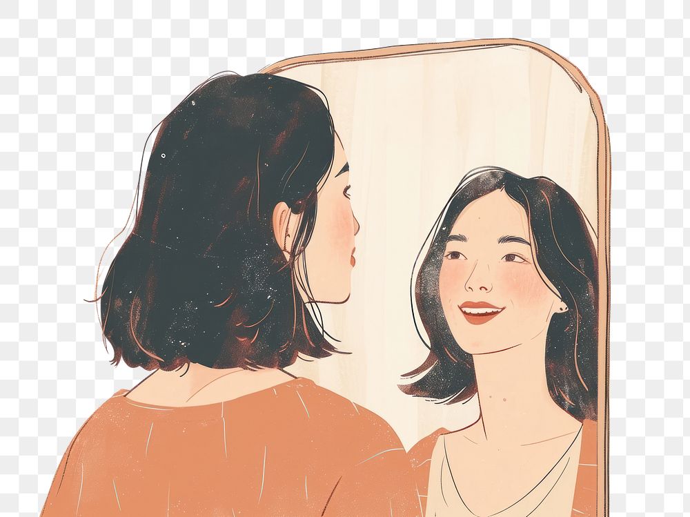 PNG  A woman smile to her self in the mirror cartoon sketch togetherness. AI generated Image by rawpixel.