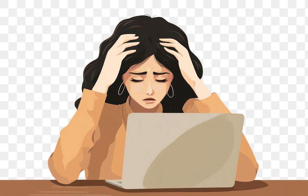 PNG  A woman stressed and headache with laptop computer portrait cartoon. AI generated Image by rawpixel.
