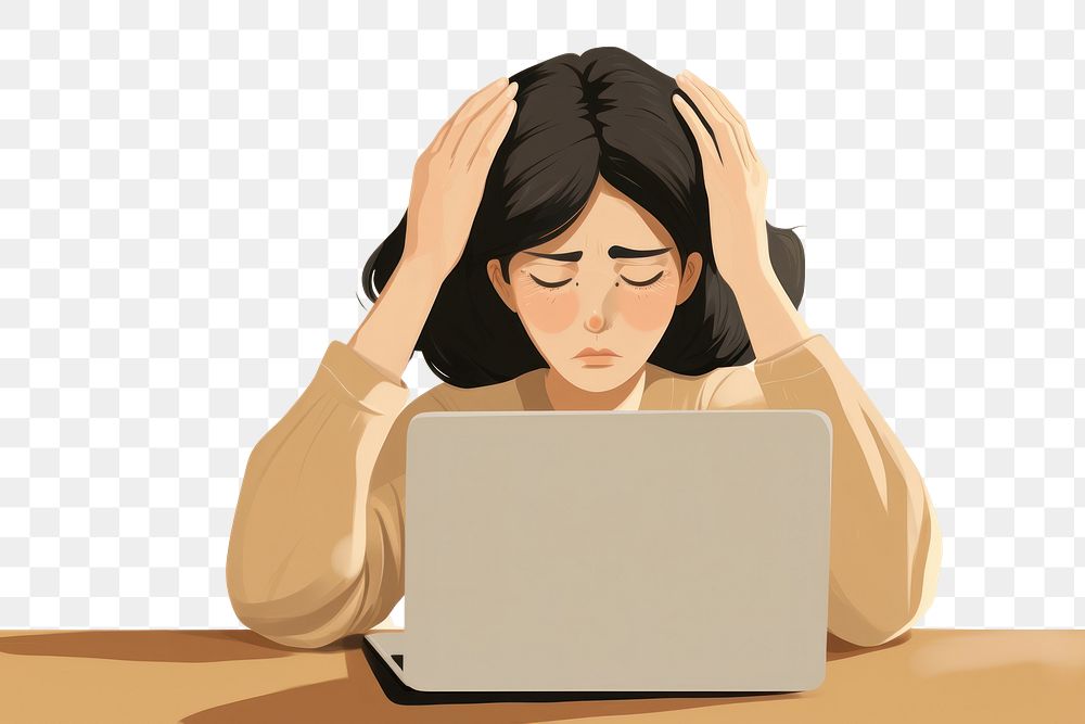 PNG  A woman stressed and headache with laptop computer portrait adult. AI generated Image by rawpixel.