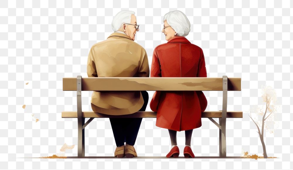 PNG Elderly couple sitting on a bench furniture adult love.