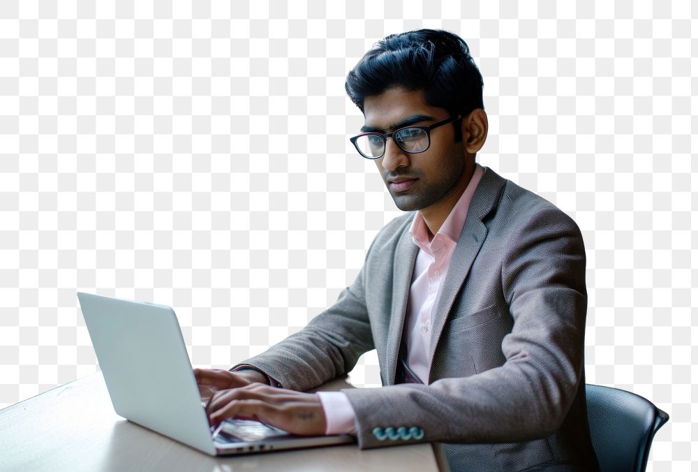 PNG Indian businessman using laptop computer glasses adult. AI generated Image by rawpixel.