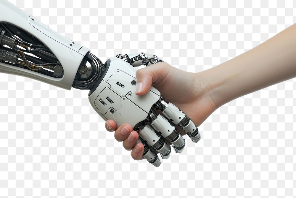 PNG Robot hand shaking with human hand finger technology appliance.