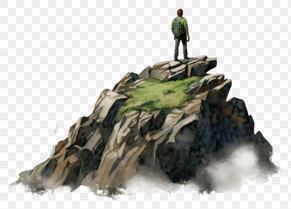 PNG  Man on top of mountain looking at view landscape adventure outdoors. AI generated Image by rawpixel.