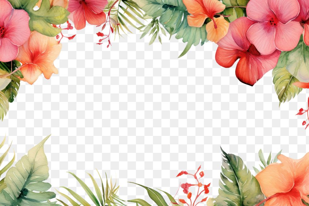 PNG Tropical leaves and flowers border pattern plant petal.