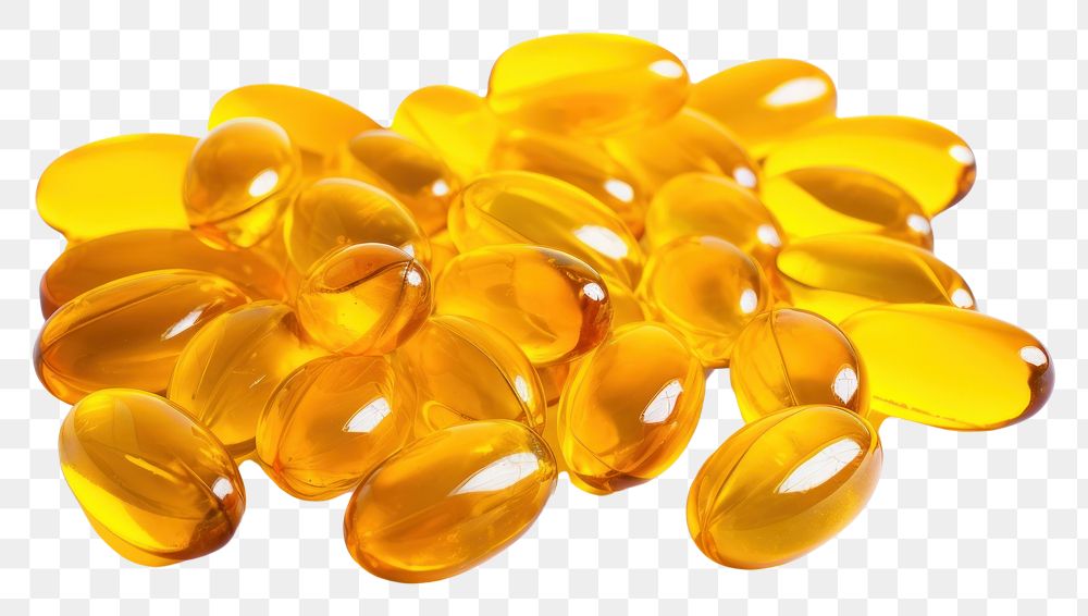 PNG Fish oil capsules yellow pill white background.