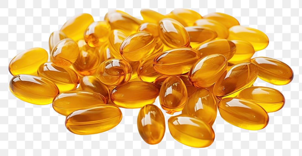 PNG Fish oil capsules yellow pill white background.