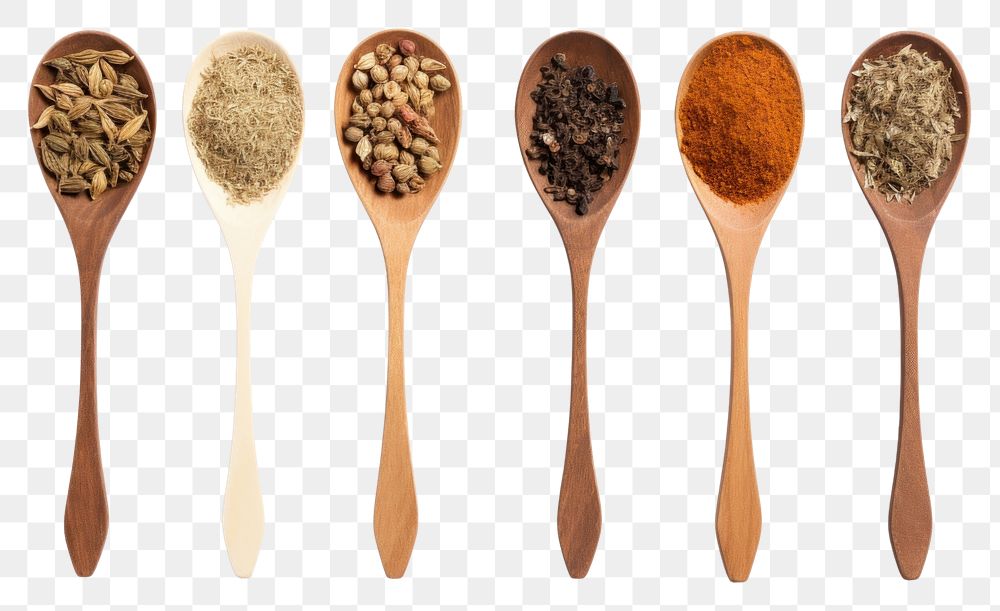 PNG  Top view of four old spoons with spices and herbs food white background ingredient.