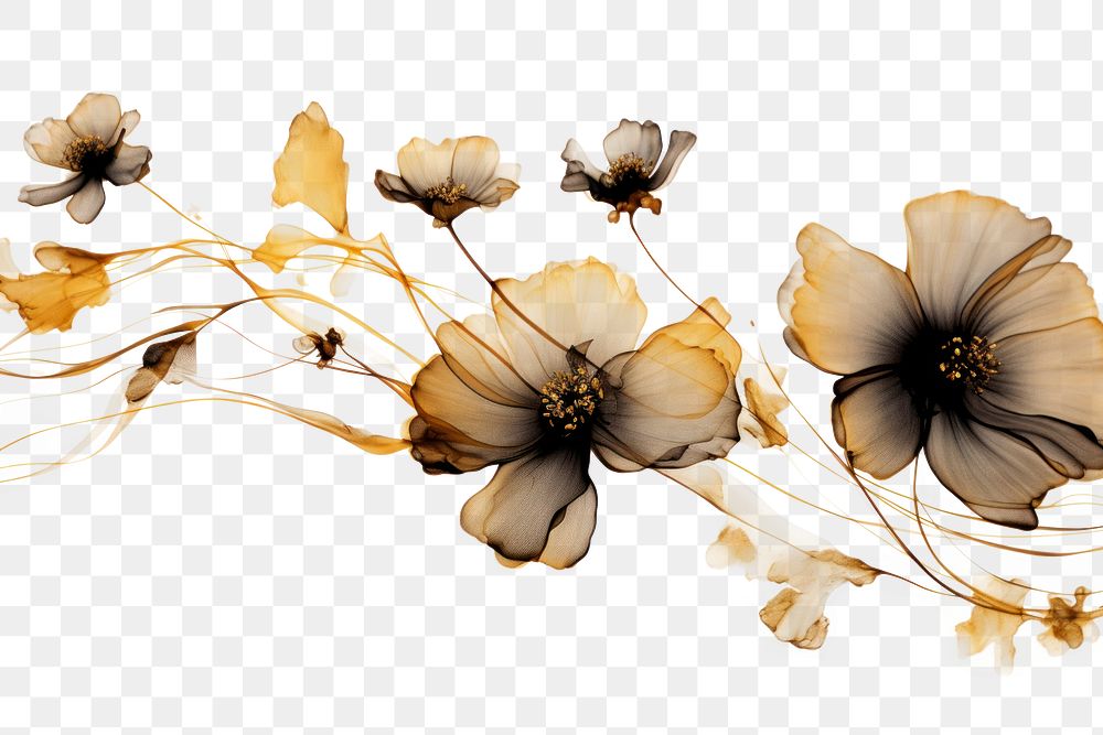 PNG Ink gold flowers petal plant white background. AI generated Image by rawpixel.