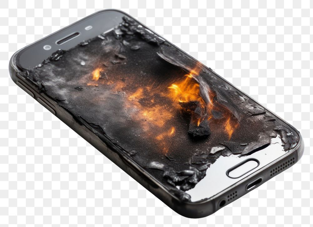 PNG Mobile phone with burnt white background destruction electronics.