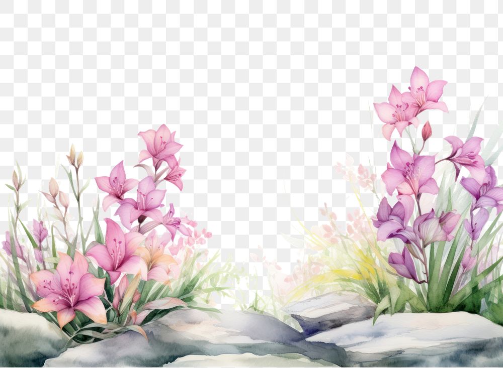 PNG  Minimal lily garden landscape with shape edge in bottom border painting nature flower.