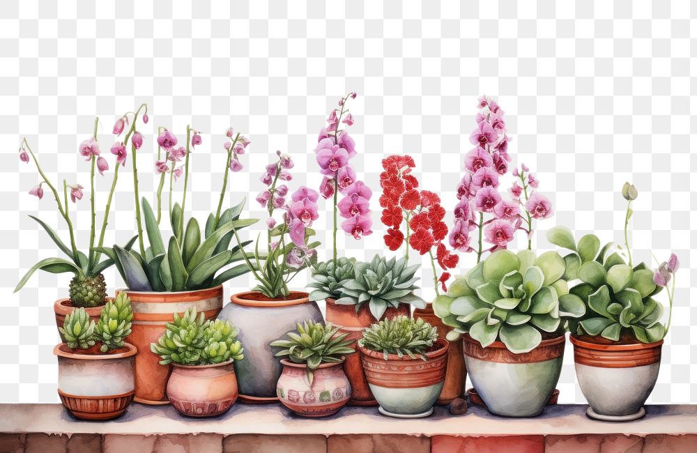 PNG  Orchid pots windowsill painting flower.