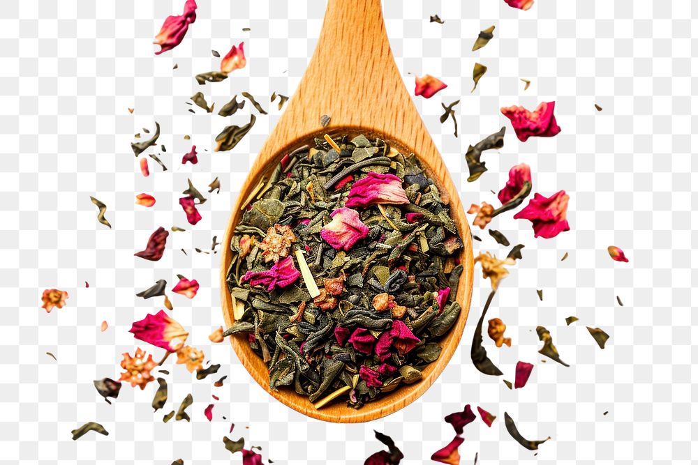 PNG Mix of green tea with strawberry and hibiscus flowers drink plant herbs.