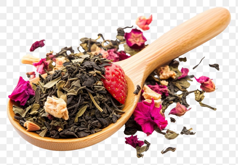 PNG Mix of green tea with strawberry and hibiscus flowers plant herbs spoon