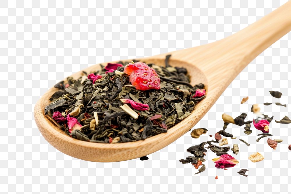 PNG Mix of green tea with strawberry and hibiscus flowers drink plant spoon.