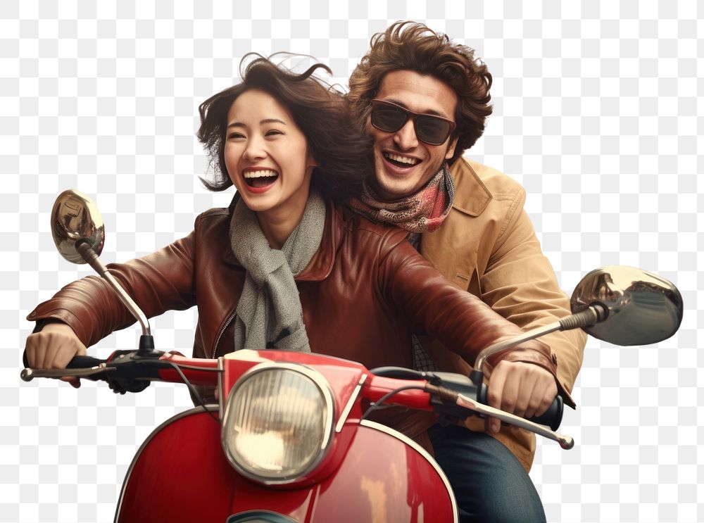 PNG Chinese couple scooter motorcycle laughing. AI generated Image by rawpixel.