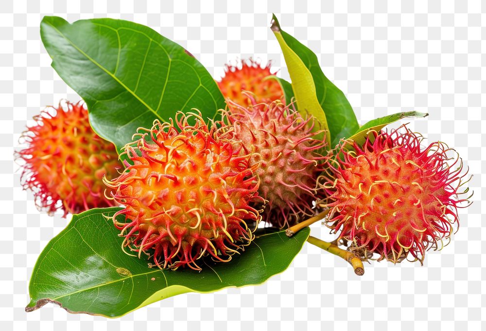 PNG Group Rambutan fruit with leaf plant food white background.