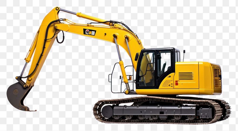 PNG Yellow excavator with an extended bucket construction  equipment.