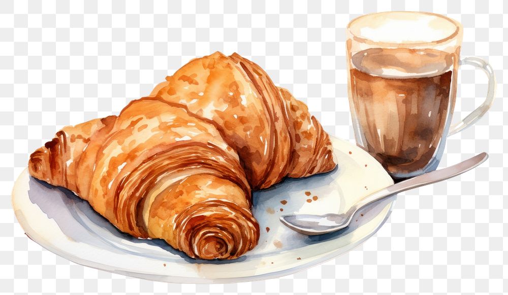 PNG Iced coffee and croissant on plate breakfast food cup.