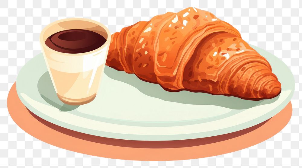 PNG Iced coffee and croissant on plate breakfast food viennoiserie.