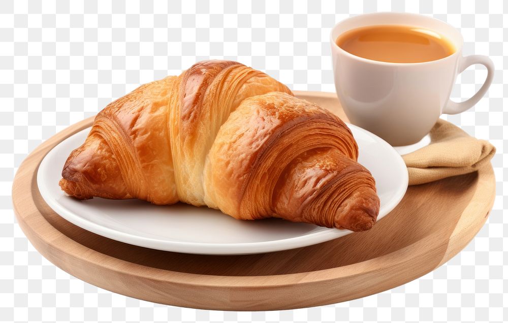 PNG Coffee and croissant on plate breakfast bread food.