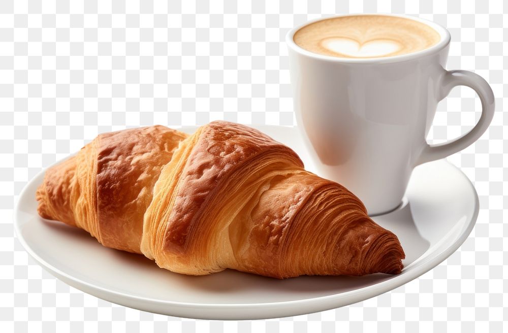 PNG Coffee and croissant on plate breakfast bread drink.
