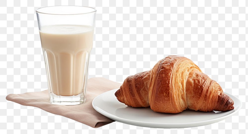 PNG Iced coffee and croissant on plate breakfast bread drink.